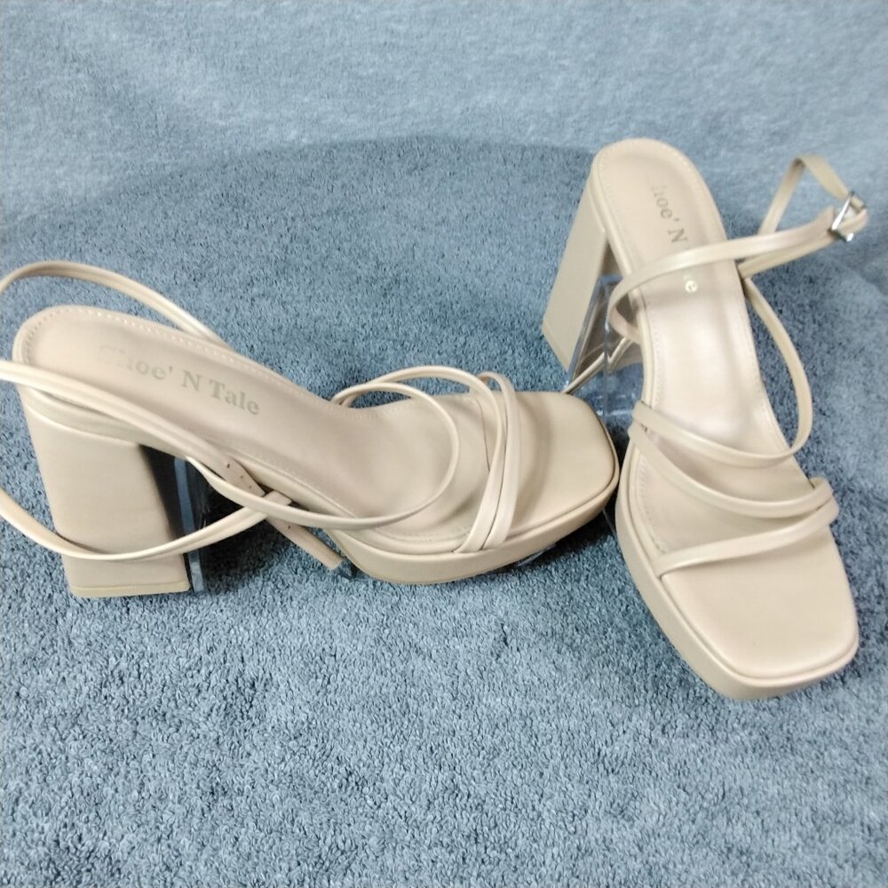 ✨Shoe N Tale Elegant Nude Block Heel Sandals Size 6.5 Platform Strappy Ankle